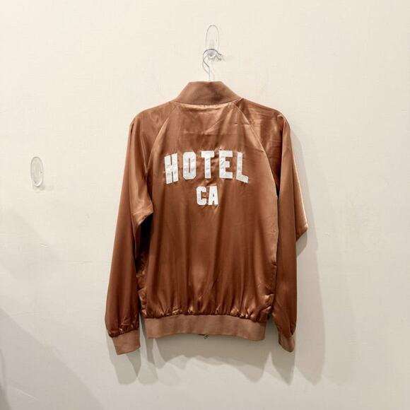 Hotel CA 1171 Satin Long Sleeve Full Zip University Bomber Jacket Tan Women's M - Picture 2 of 4